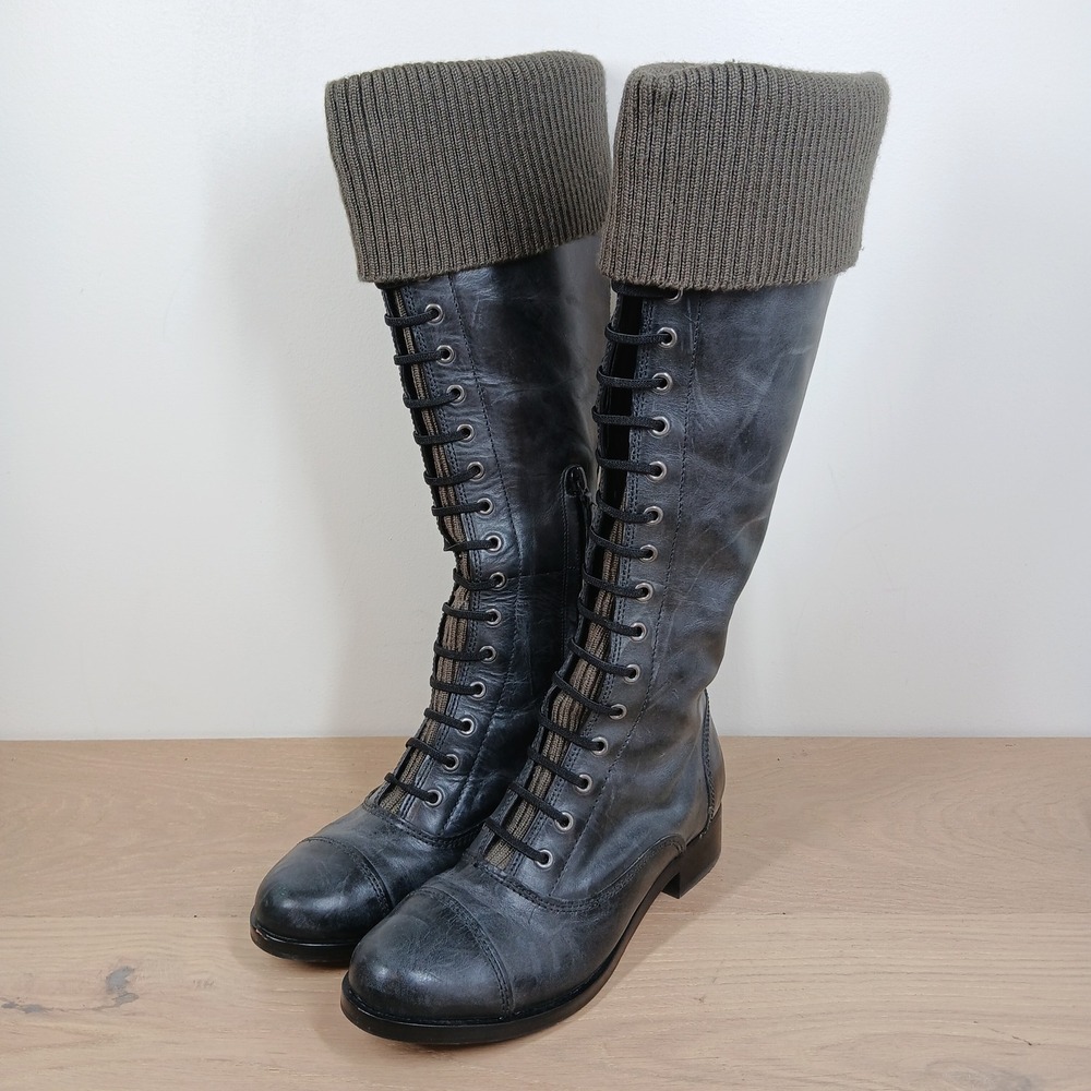 Cole Haan Tall Boots Womens 7.5 BlackLeather Lace Up Riding Dark Academia